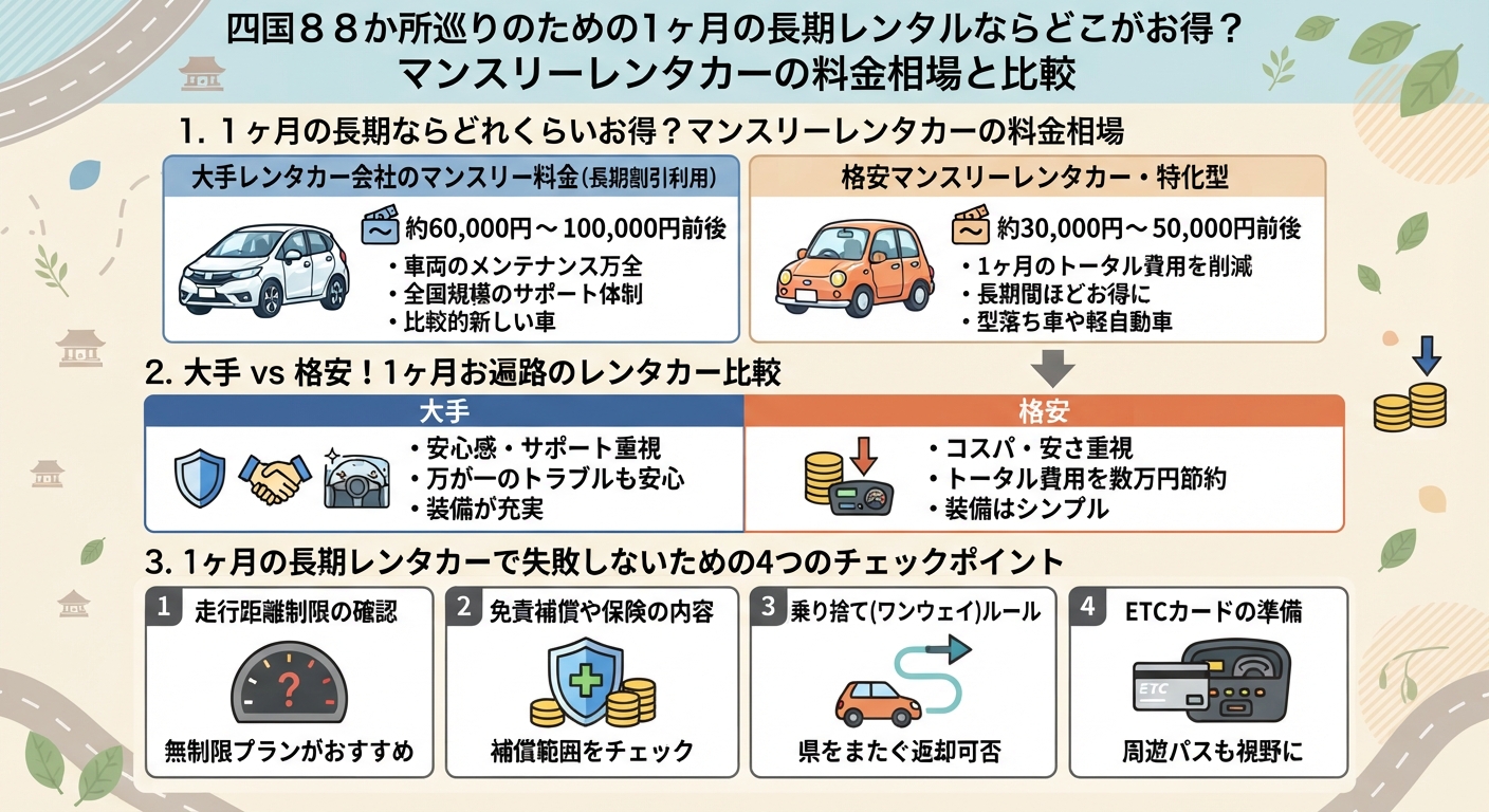 四国８８か所巡りのための1ヶ月の長期レンタルならどこがお得？マンスリーレンタカーの料金相場と比較